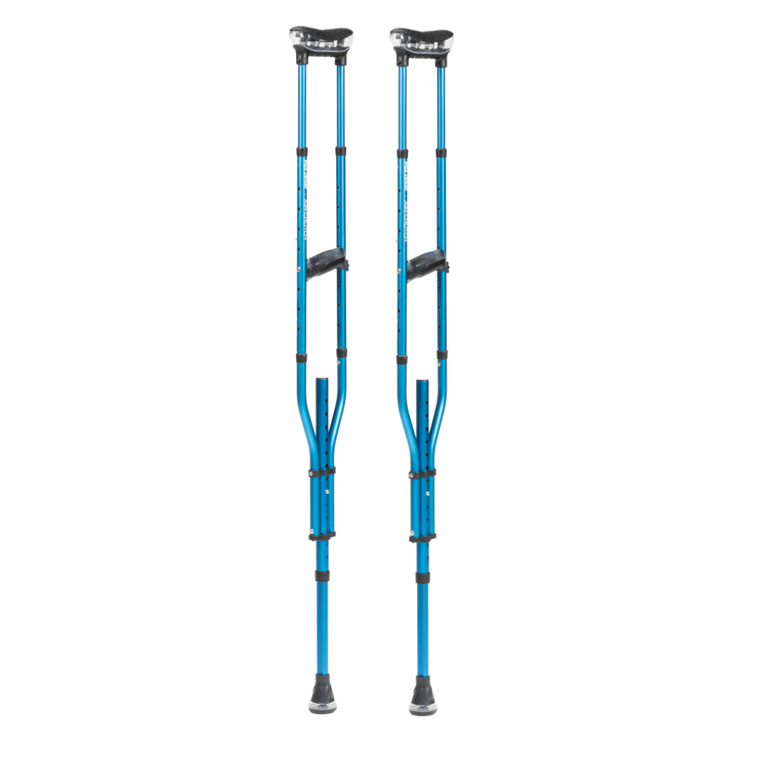 A pair of Drive Air-Crutches featuring blue metal frames, black handles, Airgonomic™ underarm cushions, and rubber tips stand upright against a white background.